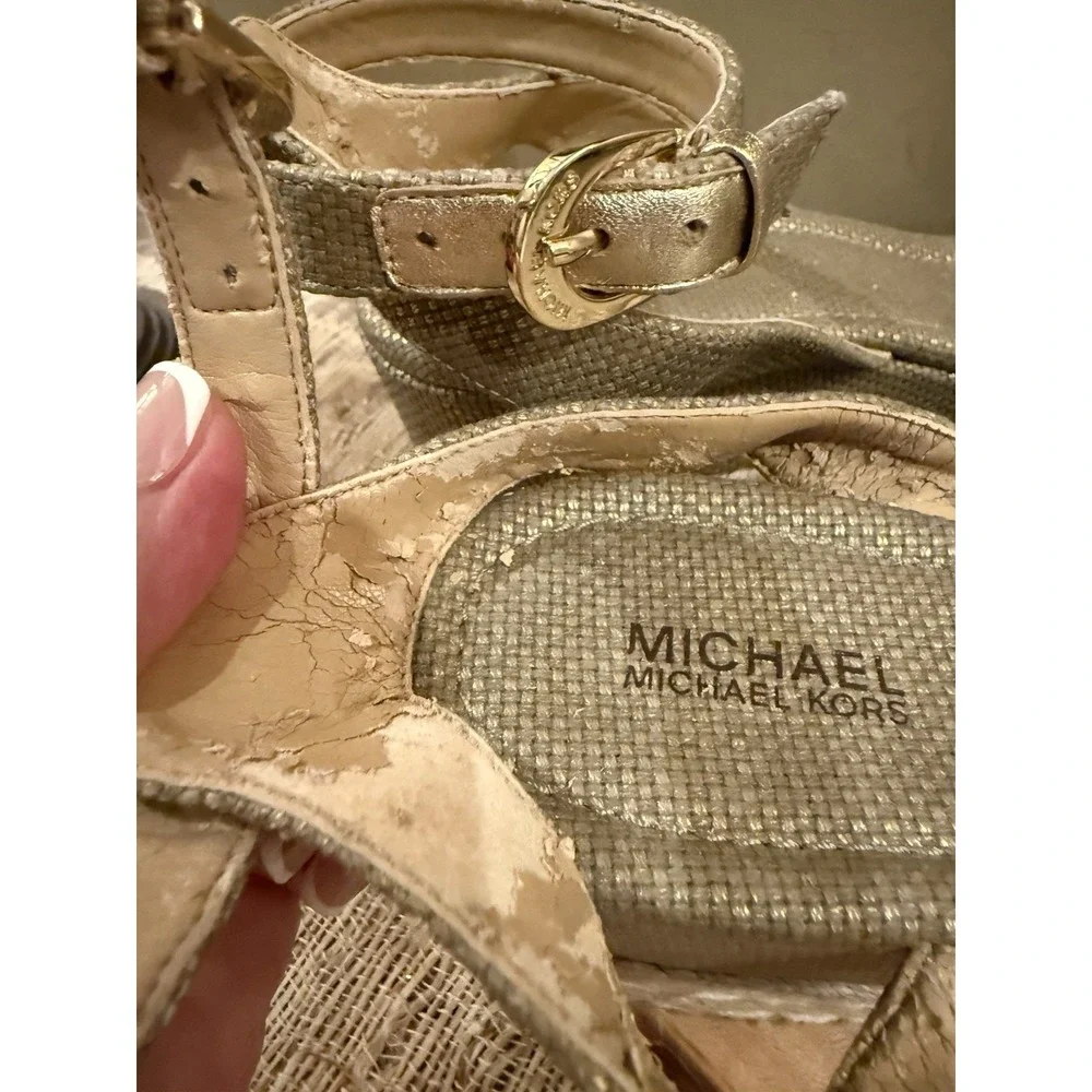 Michael Michael Kors Maxwell Mid Wedge Sandals Gold Ankle Strap Knotted